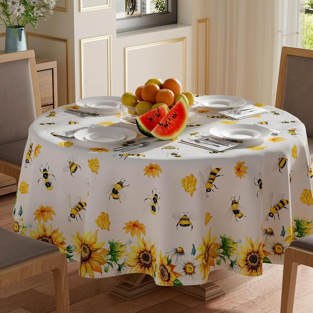 XCHI Yellow Sunflower White Daisy Bees Honey Summer Tablecloth Round Washable Table Covers for Indoor Outdoor Dining Home Party Decorations 70x70 Inch