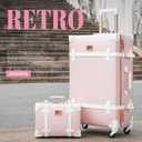 urecity 26" Vintage Luggage Set, 2 Piece Elegant Pink Retro Checked Suitcase with Cosmetic Case, Luxury Vegan Leather Aluminum Frame Spinner Trunk for Women (with Protective Clear Cover), 26"+12"