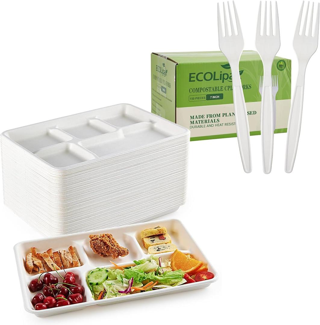 ECOLipak 100% Compostable 100 Pack 5-Compartment Disposable Paper Plates and 150 Pack 7 inch Large Size Disposable Cutlery Forks ECOLipak 100% Compostable 100 Pack 5-Compartment Disposable Paper Plates and 150 Pack 7 inch Large Size Disposable Cutlery Forks