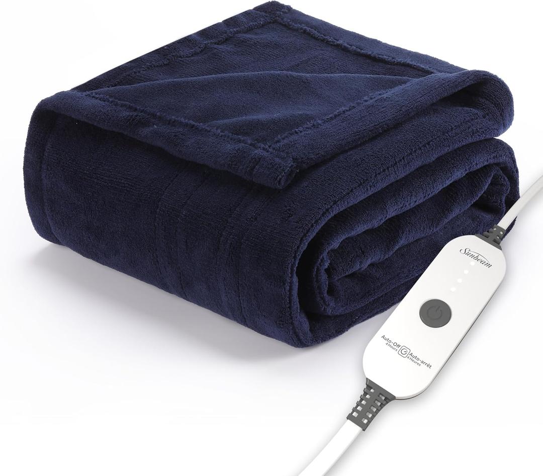 Sunbeam Electric Throw Royal Luxe Microplush Heated Blanket, 4 Heat Settings, 4-Hour Auto Shut-Off, Fast Heating, Warm and Cozy, Admiral Blue Color, 50" x 60", Midnight Blue