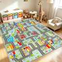 Kids Carpet Playmat Rug 6'6''x9'8'', Kids Rugs for Bedroom, Non-Slip Town City Road Map Car Rugs for Kids Toy Cars, Track Carpet Play Rug for Playroom Classroom Decor (Sky Blue)