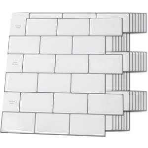 Art3d Backsplash Tile for Kitchen Peel and Stick, 10-Sheet Stick on Subway Tiles for Kitchem, Bathroom Back Splashes, 12"x12", Warm White with Gray Grout