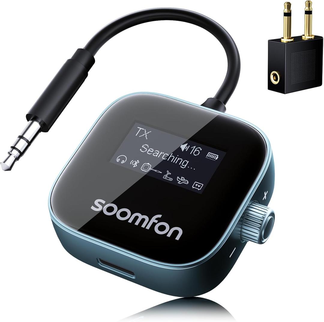 SOOMFON Airplane Bluetooth 5.3 Transmitter for 2 Airpods or Headphones 2-in-1 Airplane Bluetooth Adapter Receiver with LCD Display 3.5mm for Plane Flying Gym Car Home Stereo (Grey)