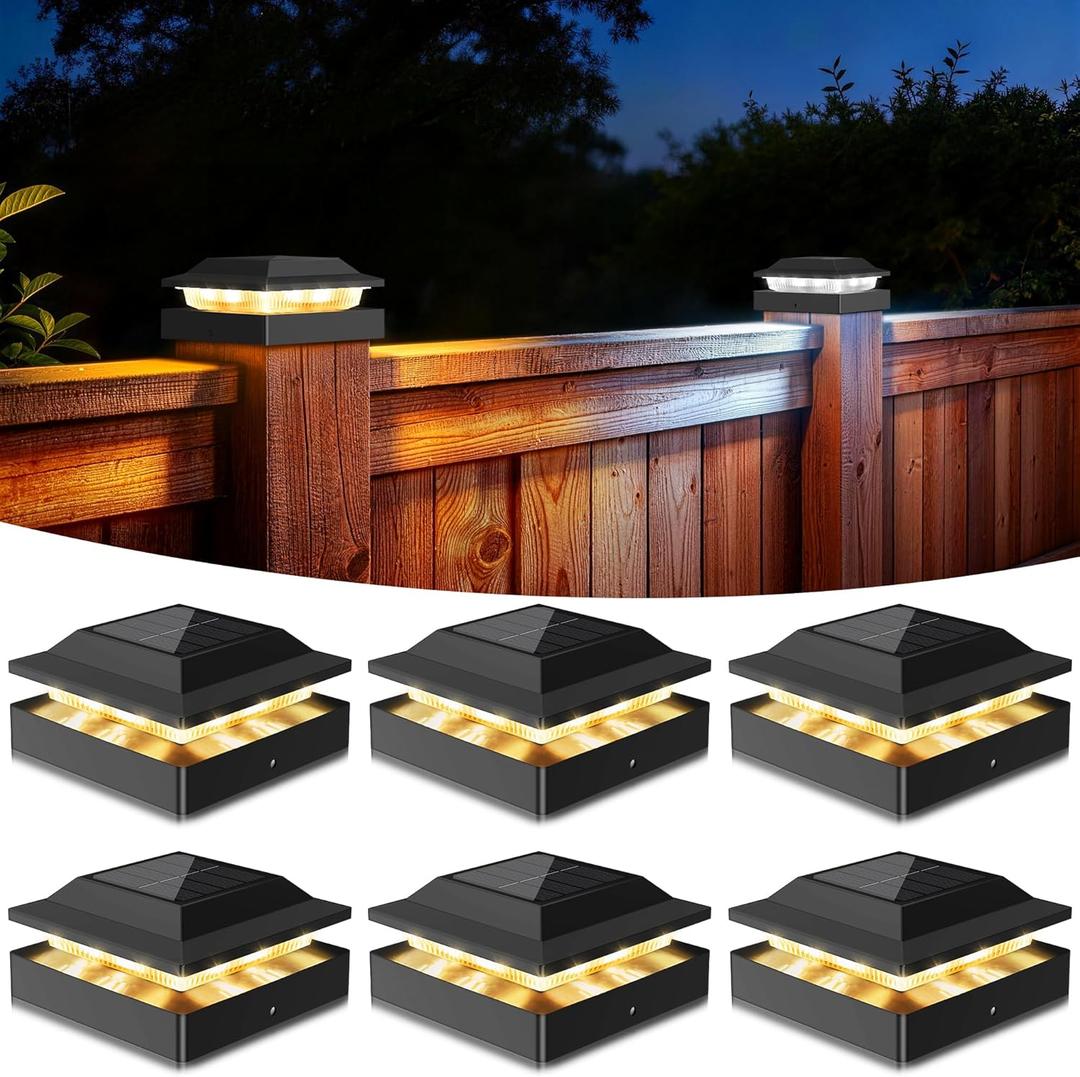 Solar Post Cap Lights 6-Pack, IP65 Waterproof Fence Post Solar Lights for 4x4 Wood/Vinyl Posts, Outdoor Post Lights with 2 Color Modes Decorate Garden Patio Porch Backyard, Black