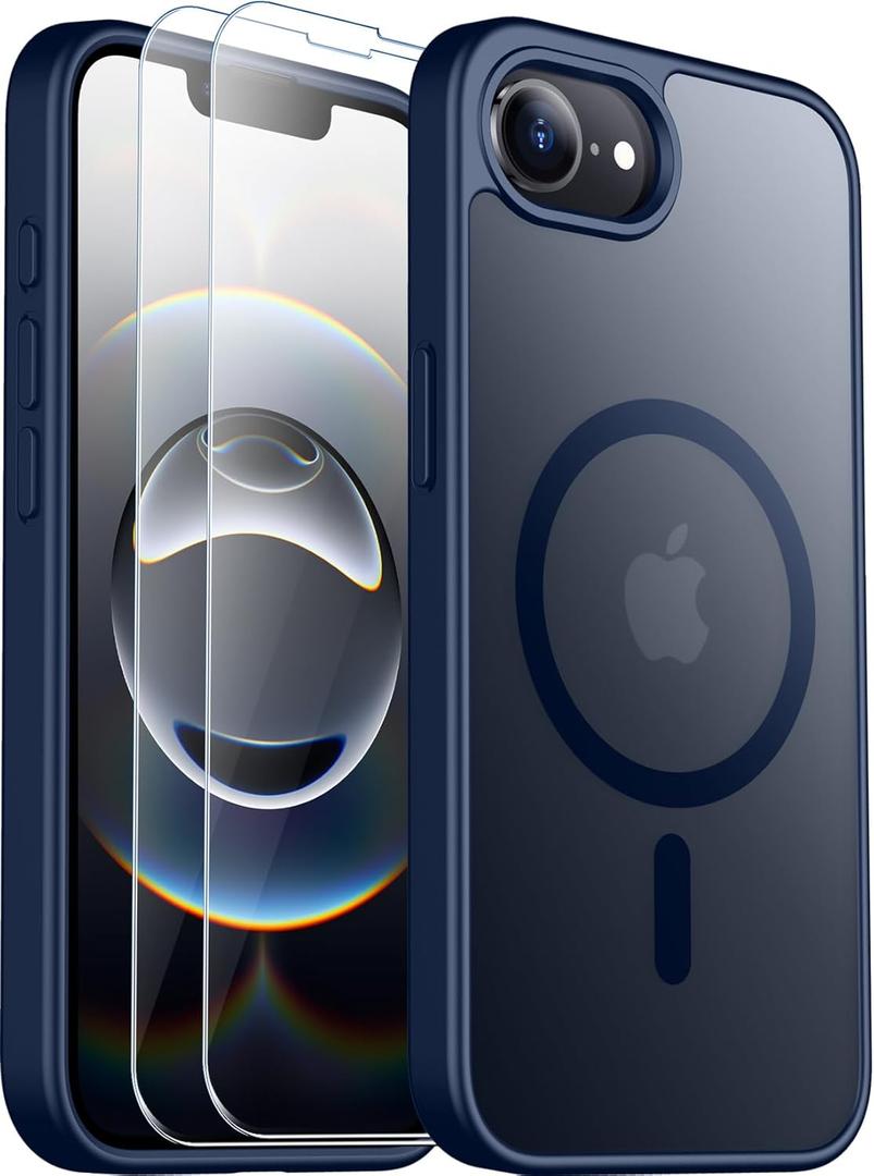 SPIDERCASE Designed for iPhone 16e Case, Magnetic Translucent with 2PCS Tempered Glass Screen Protector Anti-Scratch Anti-Fingeprint Slim Phone Case for iPhone 16E 2025 6.1'', Blue