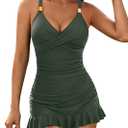 Blooming Jelly Women One Piece Swimsuits Swim Dress Tummy Control Bathing Suits V Neck Ruffle Skirt Swimwear (Green, L)