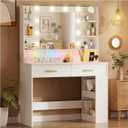LUCKRACER Vanity Desk with LED Lights Mirror & Charging Station, Makeup Vanity with Storage Drawers and Shelves, Modern Dressing Table for Women Girls Bedroom, Ivory White