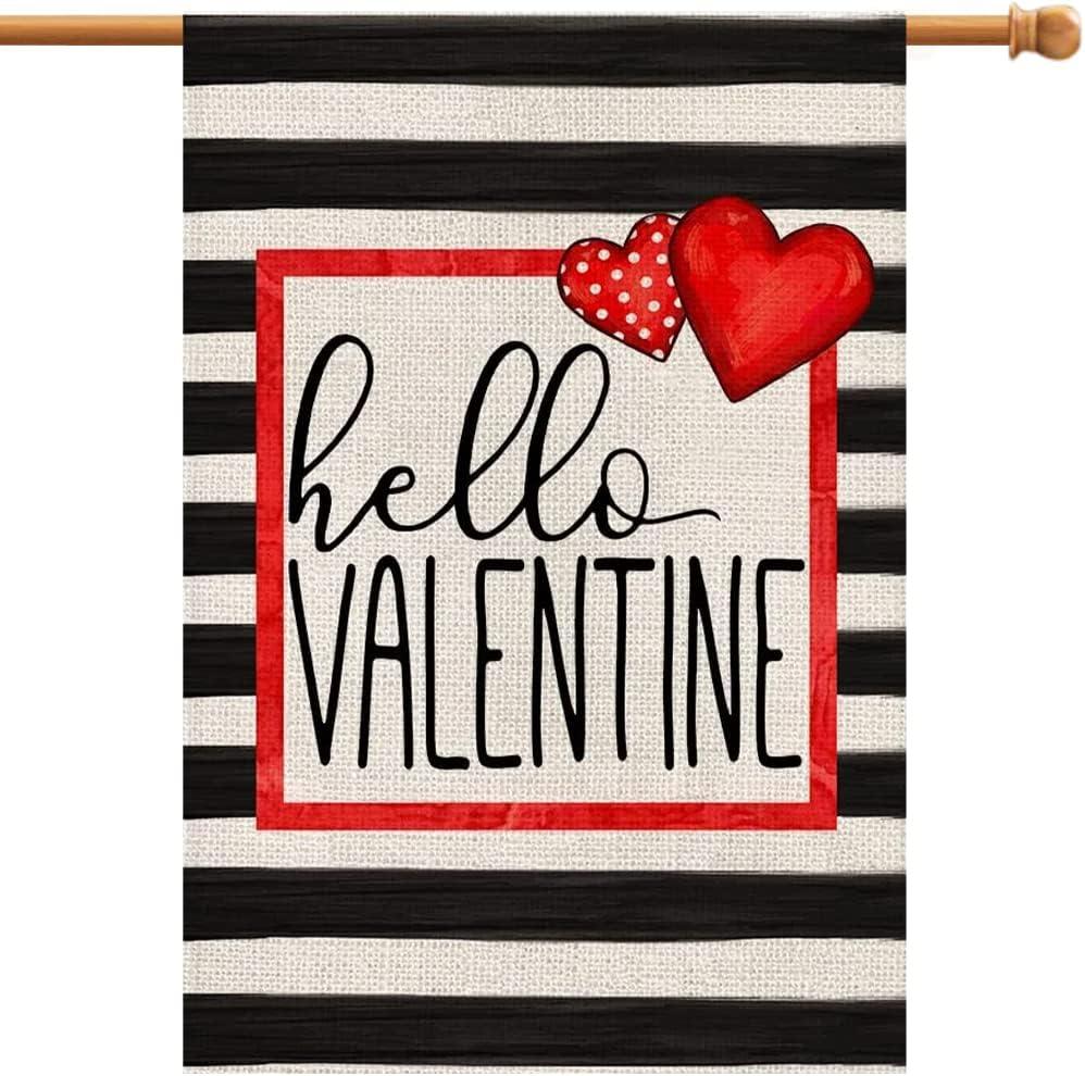 Hello Valentine Watercolor Stripes House Flag Love Heart Valentine's Day Holiday Anniversary Wedding Yard Outdoor Decoration 28x40 Inch Burlap Spring House Flag DF006-28