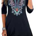 Women's Summer Short Sleeve Cold Shoulder Plain Swing Casual T-Shirt Dress Floral Beach Cover Up Dresses with Pockets (Medium, 1 Boho Floral 2)