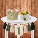 Bohemian High Chair Banner Decoration Set - Wooden Beads Tassel Green Crown Hat for 1st Birthday Party With Cake Insert