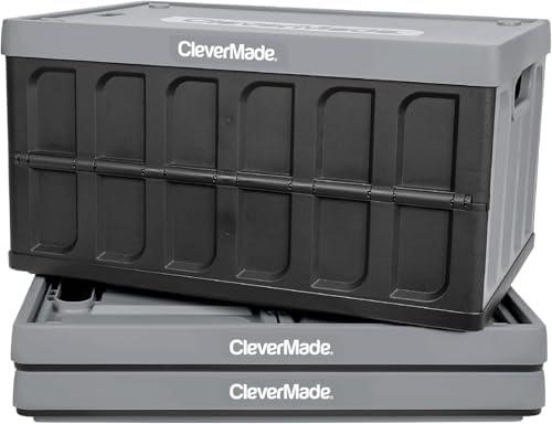 CleverMade Collapsible Storage Bins with Lids - Stone 3 Pack 46L - Plastic Containers Stackable Organization Crates Home Closet Space-Saving Durable