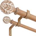 Wood Double Curtain Rod, Boho Decorative Long Dual Curtain Rods for Windows 84 to 120 Inch, 1" Adjustable Heavy Duty Double Rod, Unique Handmade Imitation Wood Grain Leaf Finial Design