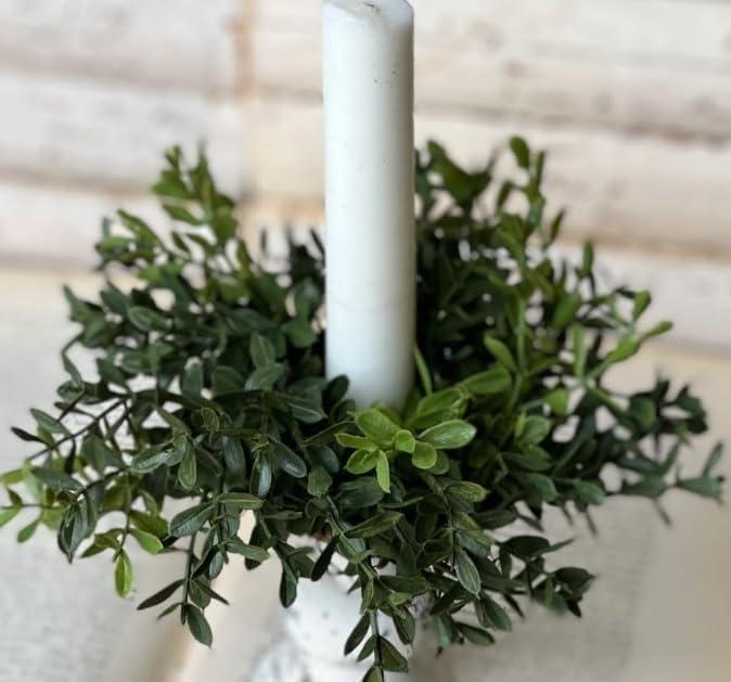 6 Pcs Artificial Boxwood Candle Rings Wreaths Mini Green Kitchen Cabinet Wreath Table Centerpieces Spring Summer Rings Wreaths for Pillars Farmhouse Wedding Party Decor