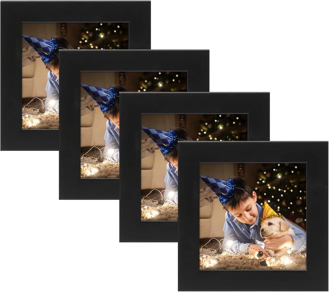 AUEAR, 4x4 Square Picture Frame, Solid Wood and High Definition Glass, 4 Inch Square Small Picture Frames, Wall or Tabletop Display, Decorate Home or Office (Black, 4 Pack)
