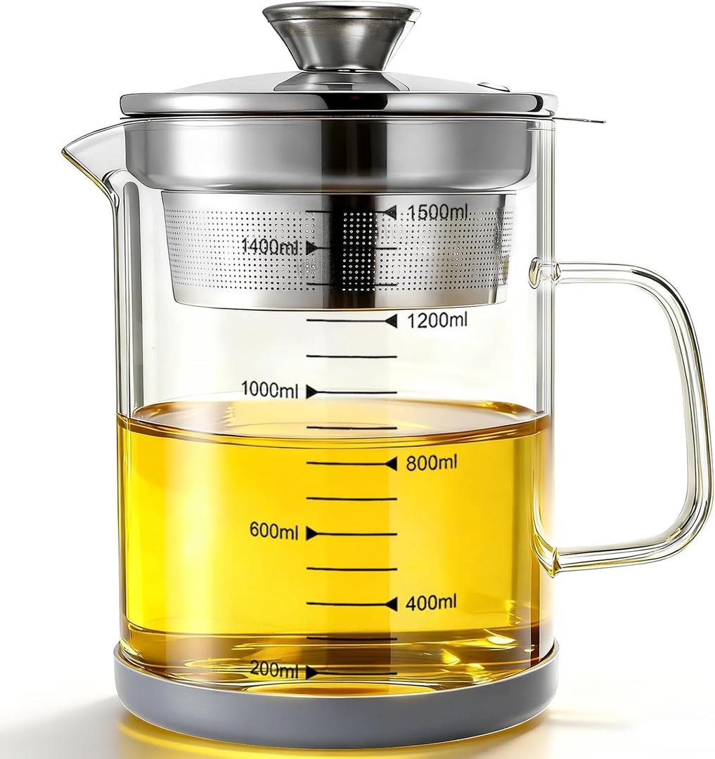 Jucoan 50 oz /1.5L Glass Bacon Grease Container with Strainer, Yogurt Strainer & Iced Tea Pitcher, High Borosilicate Glass Pitcher with Stainless Steel Filter for Filtering Nut Milk