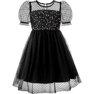 Girls Sequin Tulle Dress Sparkly Mesh Overlay Party Gown (6-7 Years, Twinkledot-black)