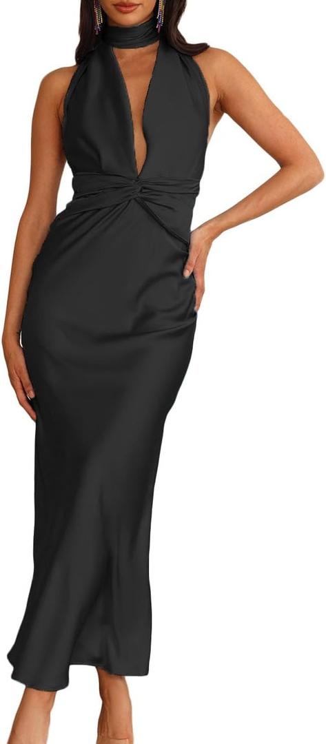 Summer Sexy Satin Backless Halter Maxi Dress for Women Elegant Sleeveless V Neck Twist Wedding Guest Dresses Cocktail (Black, XL)