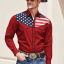 COOFANDY Men's American Flag Button Down Shirts Western Cowboy Shirt Slim Fit Patriotic Long Sleeve Shirt (Red)