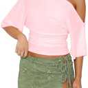 BONITEE Women One Shoulder Tops 2026 Summer Off The Shoulder Shirts Casual Cropped Short Sleeve Top Crop Blouses Tee Tshirts Large