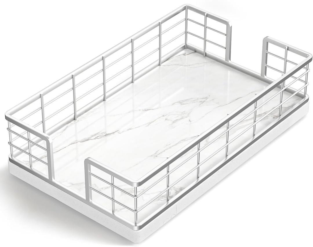 Wican Marble Guest Towel Holder Tray for Bathroom, Napkins Holder for Powder Room Dinning Table Wooden Basket for Disposable Paper Hand Towels Silvery and Marble White (9.06 x 5.51 x 2.56 inchs)