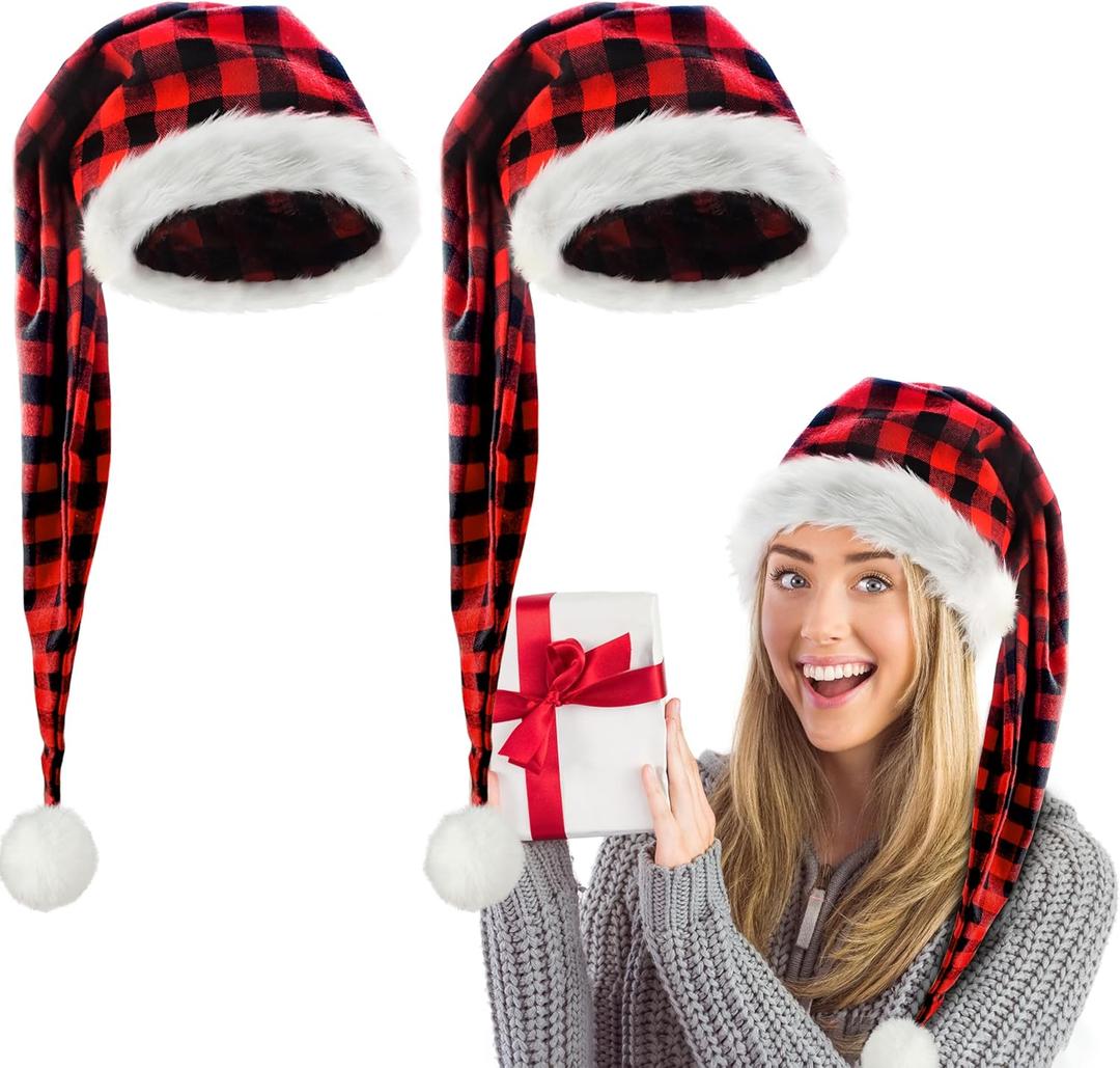 Long Santa Hat for Adult | Red Buffalo Plaid Christmas Hats,Xmax Holiday Hats for Party, Fluffy Plush Santa Claus Hats