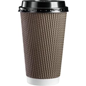 GUSTO [16 oz. - 50 Sets Insulated Brown Patterned Ripple Paper Hot Coffee Cups With Lids - Ideal for Hot Beverages, Travel, and Office Use - (Formerly Comfy Package)