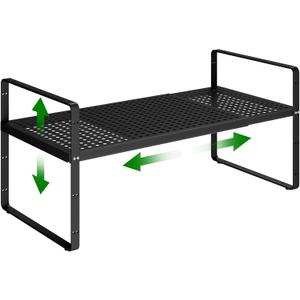 Expandable Kitchen Cabinet Shelf Organizer Rack Heavy Duty Metal Spice Rack Stackable Kitchen Counter Storage Shelf for Kitchen Cabinet Pantry Bathroom (Black - 16.5"-27" L x 10.2" W x 9.6" H - 1Pack)