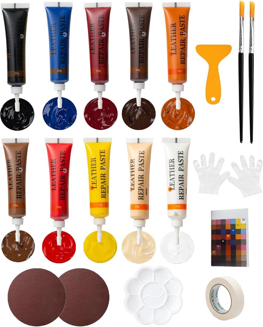 Leather Repair Kit for Furniture - 10 Color Vinyl Repair Kit for Sofa/Jacket/Car Seats/Purse/Shoes/Couch - Fix Scratches/Tears/Holes/Peeling on Bonded/Pleather/Genuine