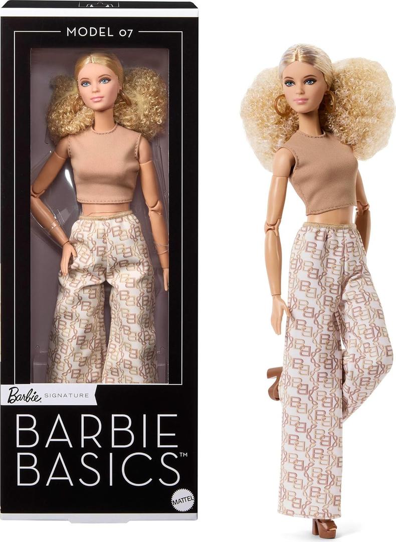 Barbie Mattel Basics Model Collector Fashion Doll 07 with Blonde Hair & White Print Pants, Universal-fit Fashions & Posable Body