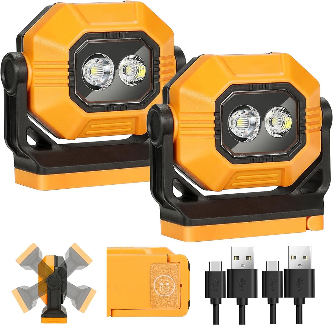 LED Rechargeable Work Light, 2Pack 1500LM Portable COB Magnetic Lights with 3 Modes & 360Rotatable, IPX4 Waterproof Worklight for Car Repairing, Job Site Lighting, Emergency (2 PCS)