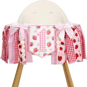 Strawberry Daisy 1st Birthday High Chair Banner - Pink Red Berry Theme Highchair Banner, Gingham Sweet Berry First Birthday Party Decoration, Best Sweet One Cake Smash Photo Props, Strawberry Picnic Party Supplies