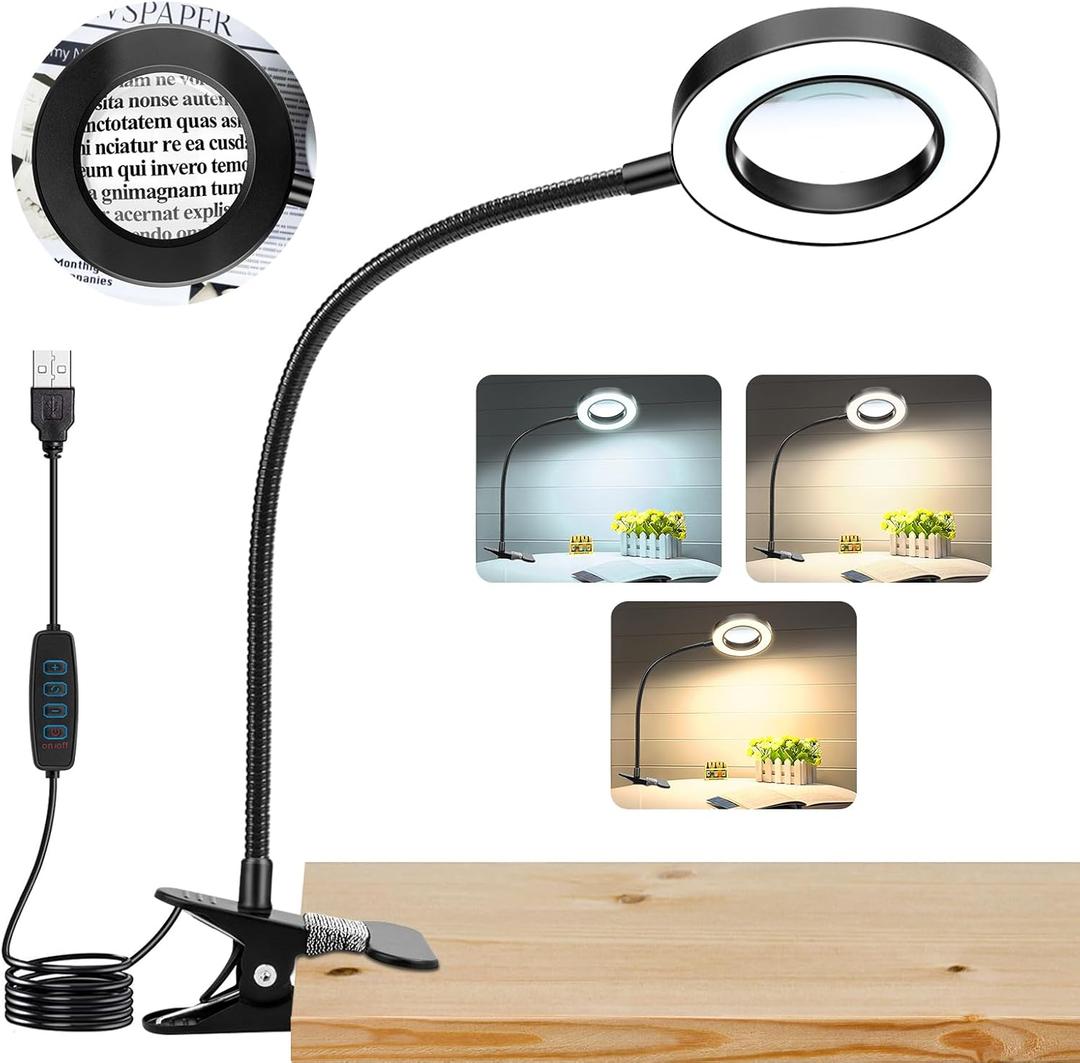 10X Magnifying Glass with Light, Clip on Mganifier with Light, 48 LED Desk Magnifying Glass wtih Clamp, 3 Modes Dimmable Magnifying LED Lamps for Bed Work Crafts DIY Repair (Black)
