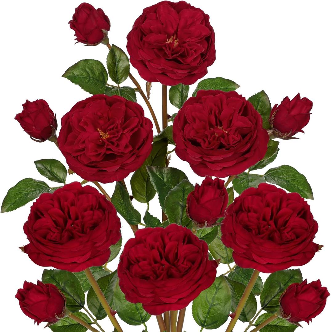 Real Touch Artificial Roses (Set of 6)  23.6" Long Stem Burgundy Garden Roses  Lifelike Faux Silk Flowers for Wedding Bouquets, Home Dcor, Centerpieces & Floral Arrangements (Crimson Red)