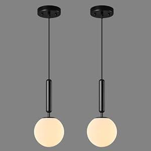 FDPBY Modern Hanging Light Fixture Pendant Lighting for Kitchen Island Mid Century Black Pendant Lights with Globe Milky White Glass Pendant Light for Bedroom Bathroom Entryway (2 Pack)