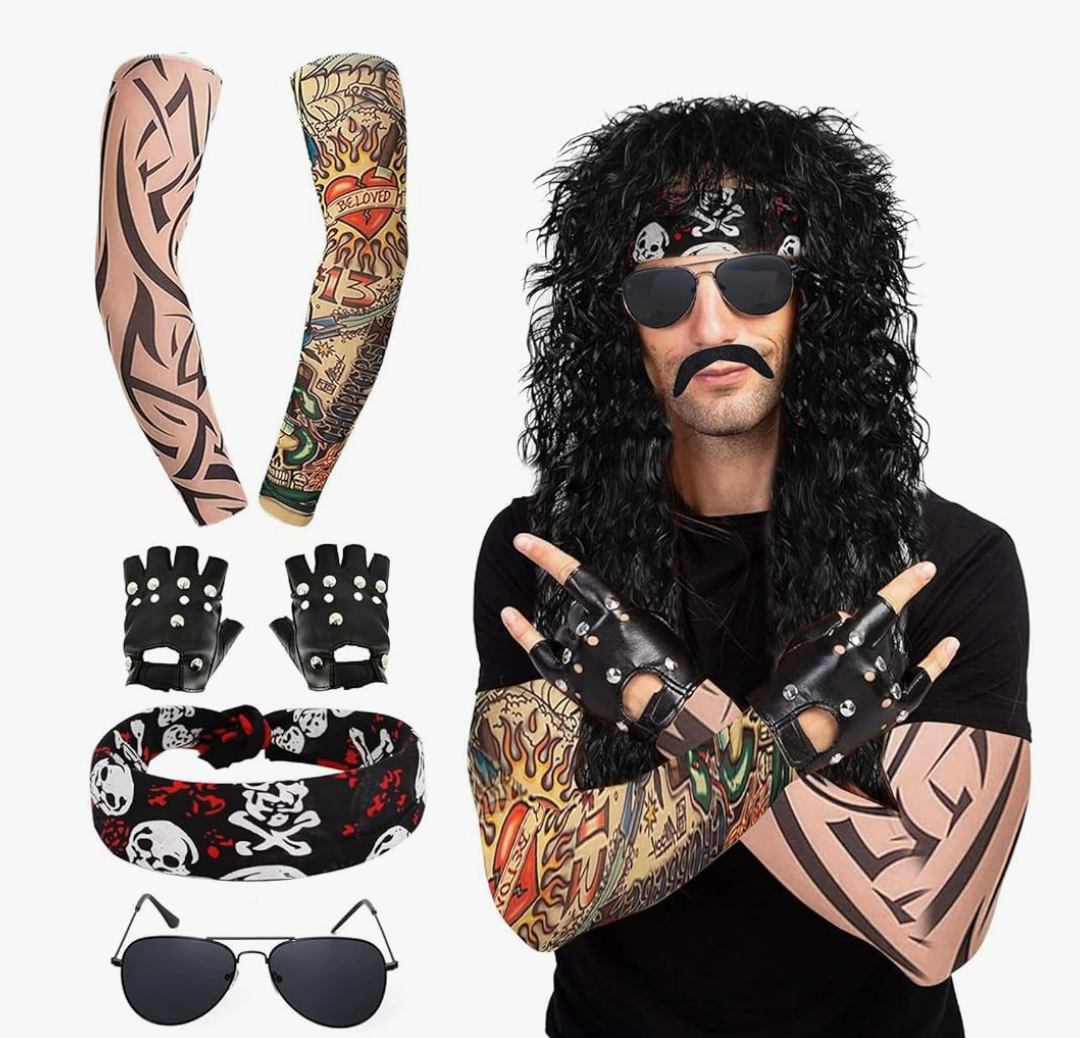 7 Pcs Rocker Costume Men's Wigs Black Curls Disco Costume Men's Party Costume Men with Wigs Sunglasses Beards Sleeves Gloves Headscarves for 70s 80s 90s, Medium