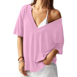 REORIA Women's Trendy Oversized V-Neck T Shirt Drop Shoulder Contrast Stitching Loose Fit Tops for 2026 Spring Summer (XL)
