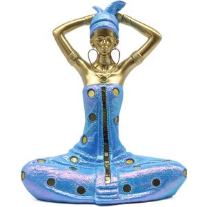 Lukitas African Woman Figurine Home Decor, Yoga Woman Statue and Sculpture, Handcrafted Decoration for Living Room Office Table Shelf, Golden and Blue, Resin 7.5''