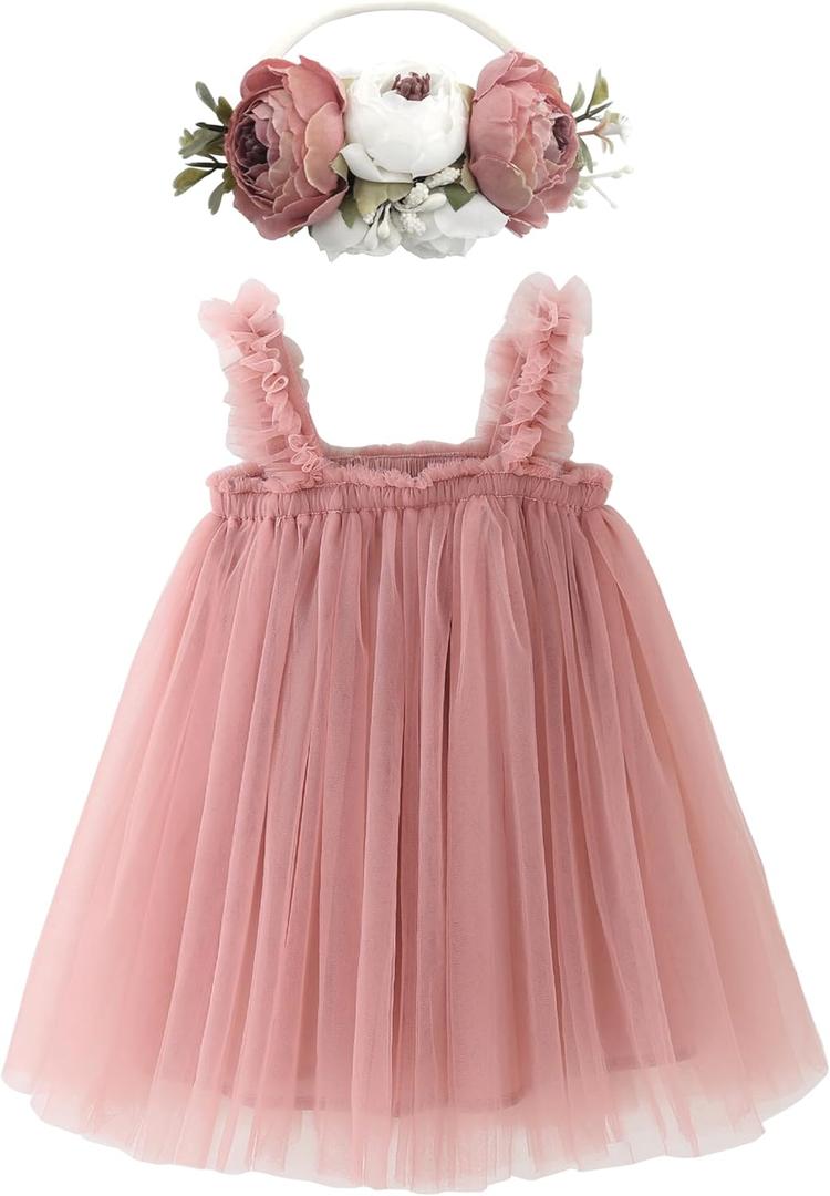 BGFKS Layered Tulle Tutu Dress for Toddler Girls,Baby Girl Rainbow Tutu Princess Skirt Set with Flower Headband. (6 Months, Dusty Rose)