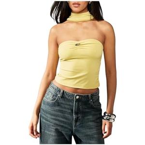 Milumia Women Metal Strapless Crop Bandeau Top Y2k Going Out Ruched Fitted Halter Tops, Size XS