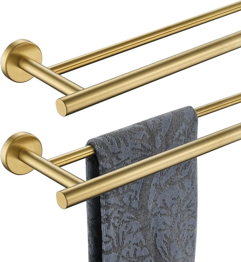 JQK Double Bath Towel Bar, Brushed Gold 33 Inch 304 Stainless Steel Thicken 0.8mm Towel Rack for Bathroom, Towel Holder Wall Mount, Useable Length 30 Inch 2 Pack