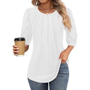 Ficerd Womens Puff 3/4 Sleeve Tunic Tops Crew Neck Floral Pleated Blouses Dressy Casual Loose Fit Shirts Size M