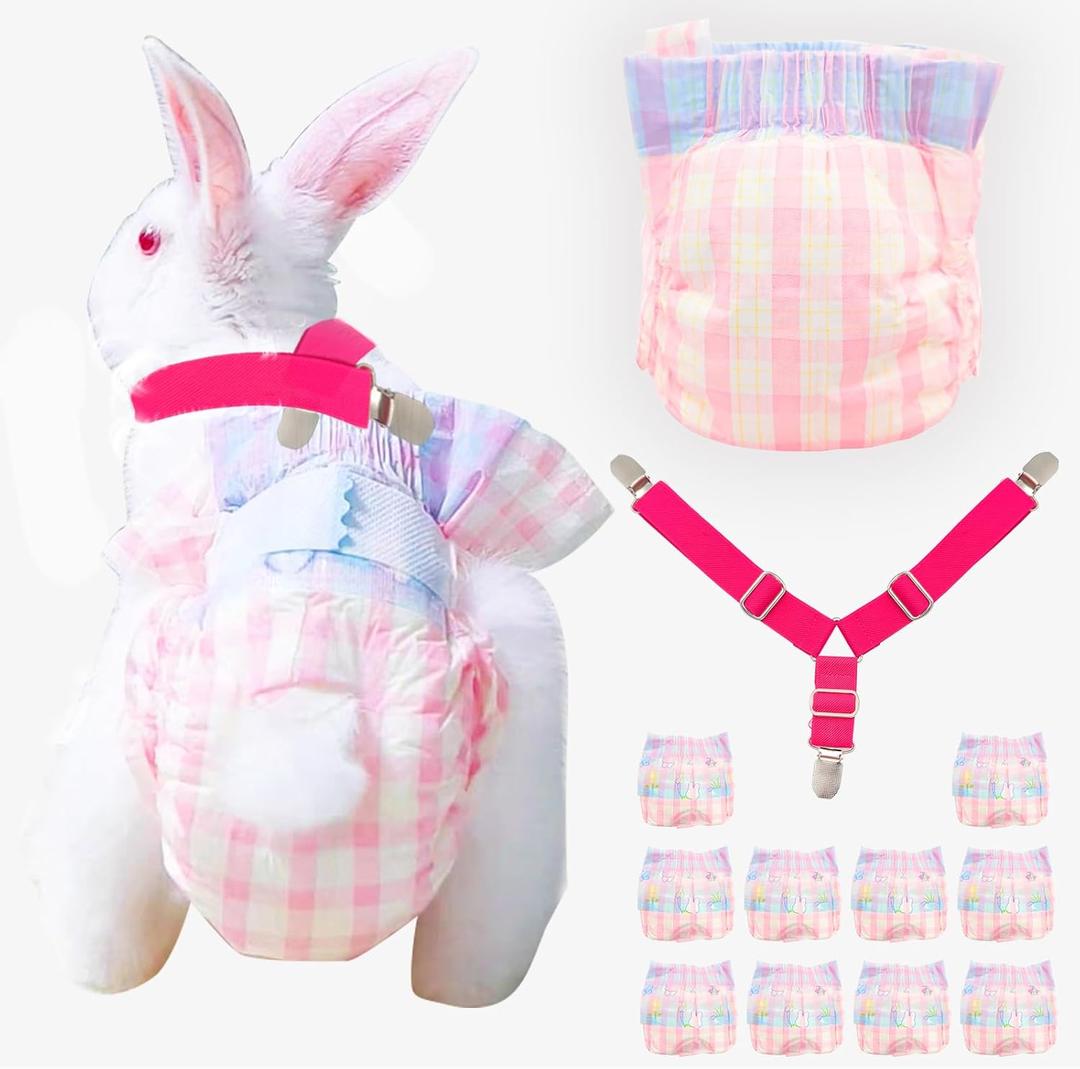 Disposable Rabbit Diapers,Small Pee Pads,with Rabbit Suspenders for Diapers Female,Squirrel Diapers,for Bunny Guinea Pig Kitten Hedgehog Sindoor and Outdoor Activities.(10PCS) (Pink Plaid, M)