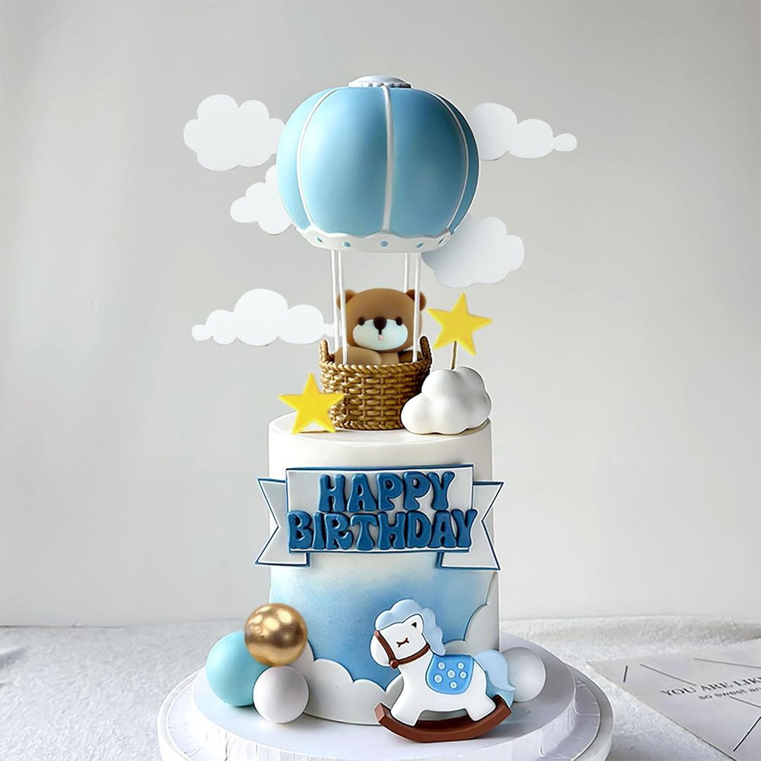 JeVenis Blue Bear Cake Decoration Blue Gold Balls Cake Topper Hot Air Balloons Cake Topper Baby Shower Birthday Cake Decoration