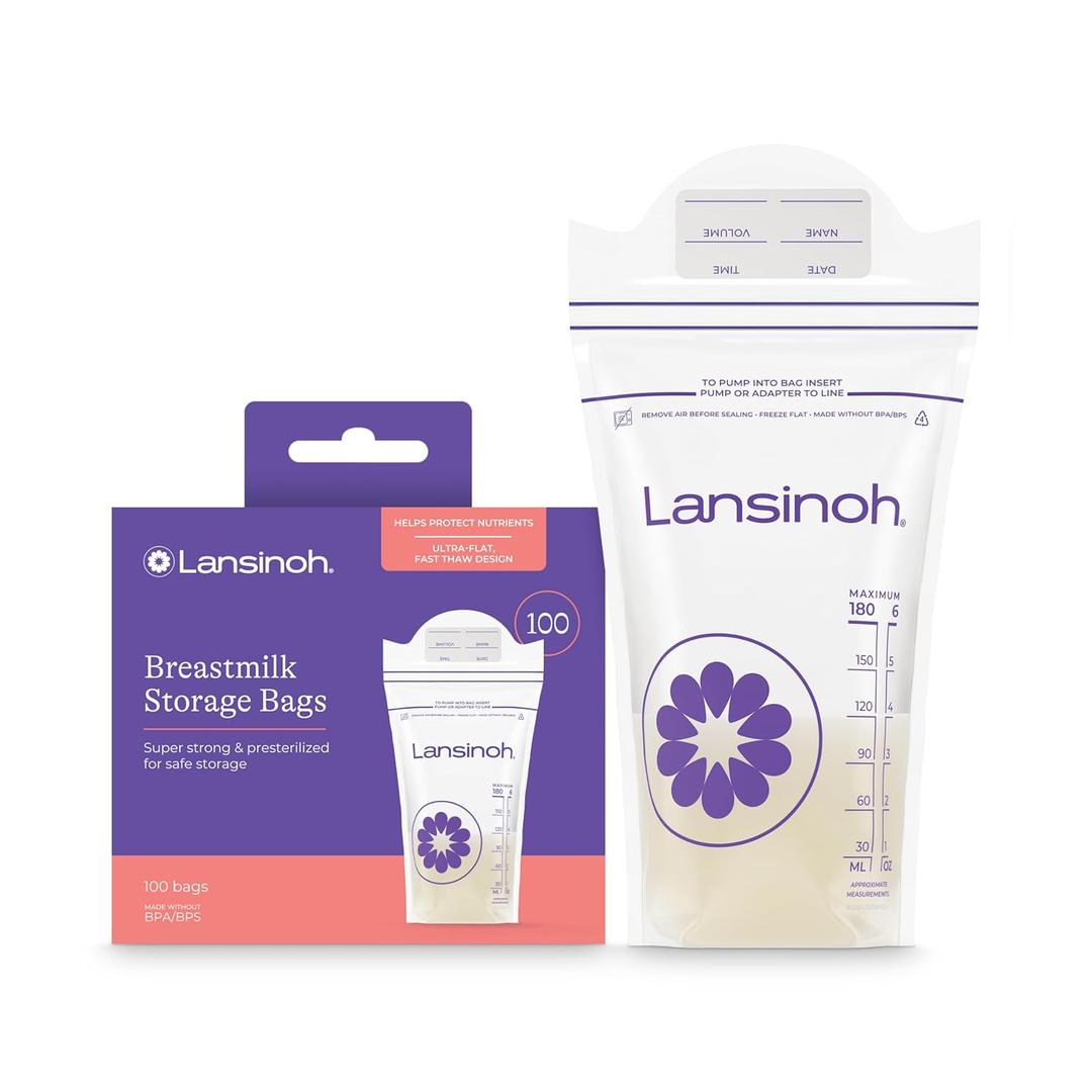 2 x Lansinoh Breastmilk Storage Bags, 100 Count, Baby Essentials, Fast Freeze & Thaw Breast Milk Bags for Baby Bottle Feeding, Strength & Stretch, 6 Ounce
