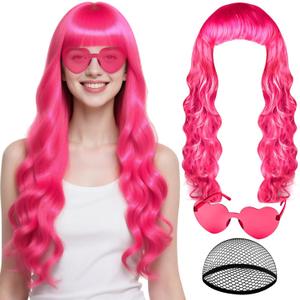 PLULON Hot Pink Neon Wigs for Women with Heart Sunglasses, Colorful Long Curly Wigs Synthetic Colored Funny Cosplay Hairpieces for Daily Bachelorette Halloween Costume Party Decorations