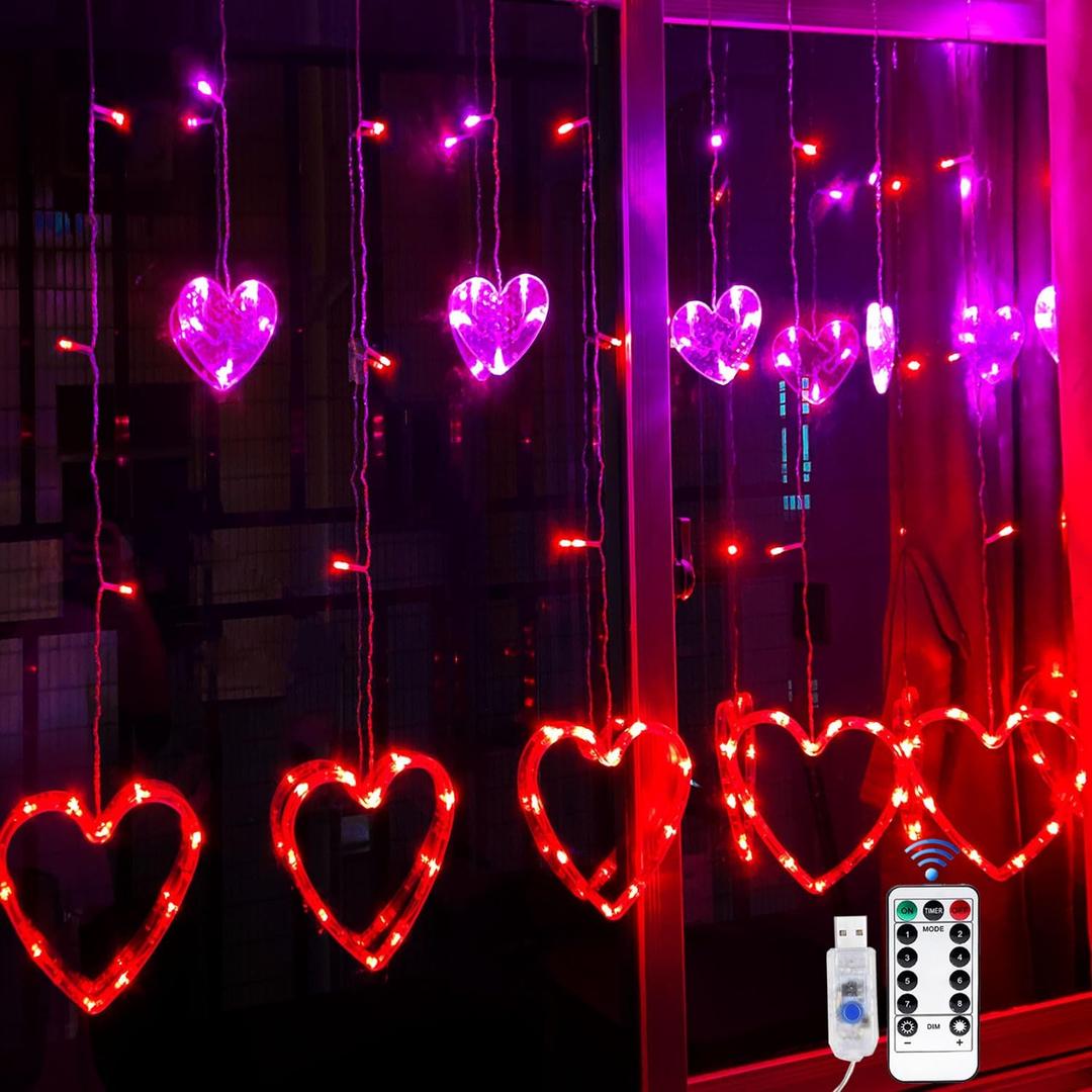 Valentine Lights, Red Pink Heart Lights Indoor Outdoor, Valentine's Day Window Lights, 126 Led 12 Heart Curtain Lights, Heart String Lights, Light Up Hearts for Window, Lighted Valentine Decorations