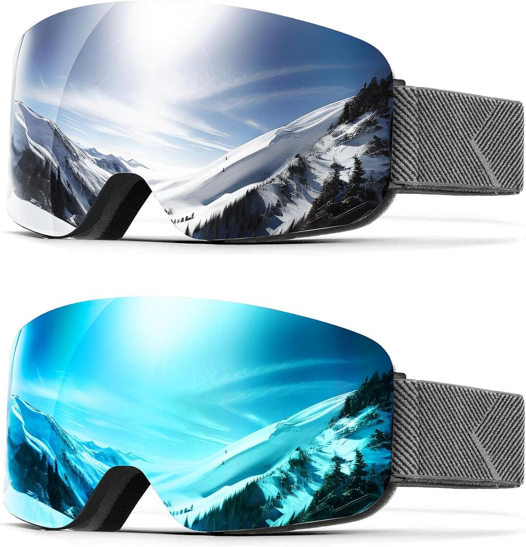 2Pack Ski Goggles for Men Women Snow Goggles Anti fog Snowboard Goggles with 100% UV Protection (A01 Black Frame Silver Lens/Black Frame Ice Blue Lens)