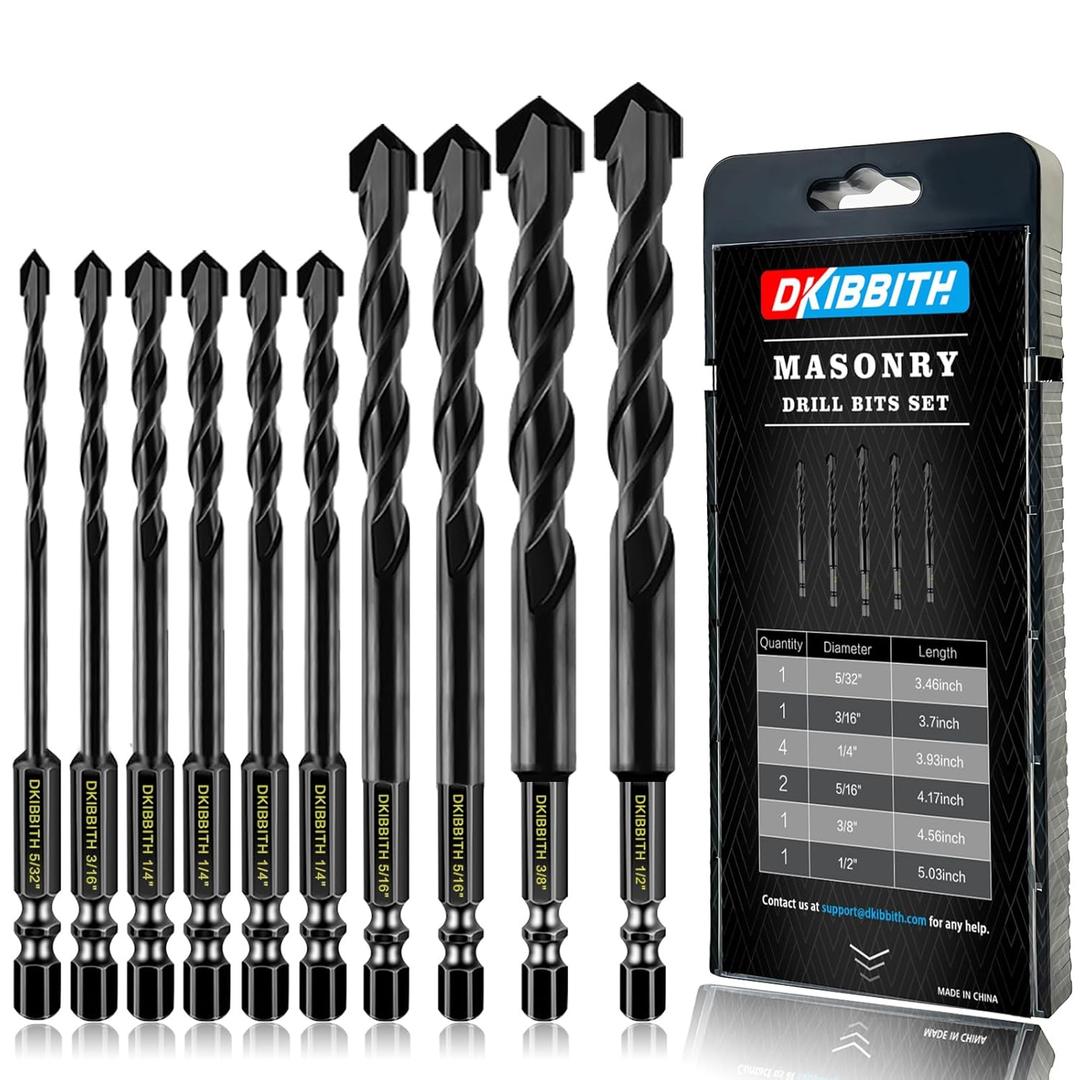 10 Piece Masonry Drill Bits for Tile Glass Ceramic Wall Brick Stone Soft-Metal Wood, Concrete Drill Bit Set,Carbide Tungsten Steel Alloy