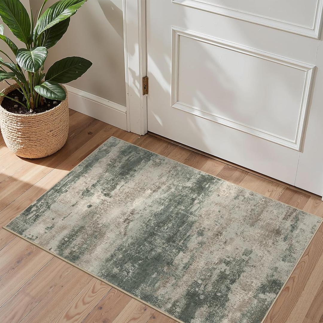 2x3 Rugs for Entryway Entrance Kitchen Bathroom, Machine Washable Modern Abstract Soft Area Rug, Indoor Floor Carpet with Non Slip Rubber Backing, Muted Green/Beige