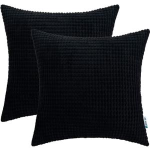 HWY 50 Black Corduroy Throw Pillow Covers 16x16 Inch, Pack of 2, Soft Solid Decorative Cushion Cases for Couch Sofa Bed Living Room, Corn Texture Striped Home Decor